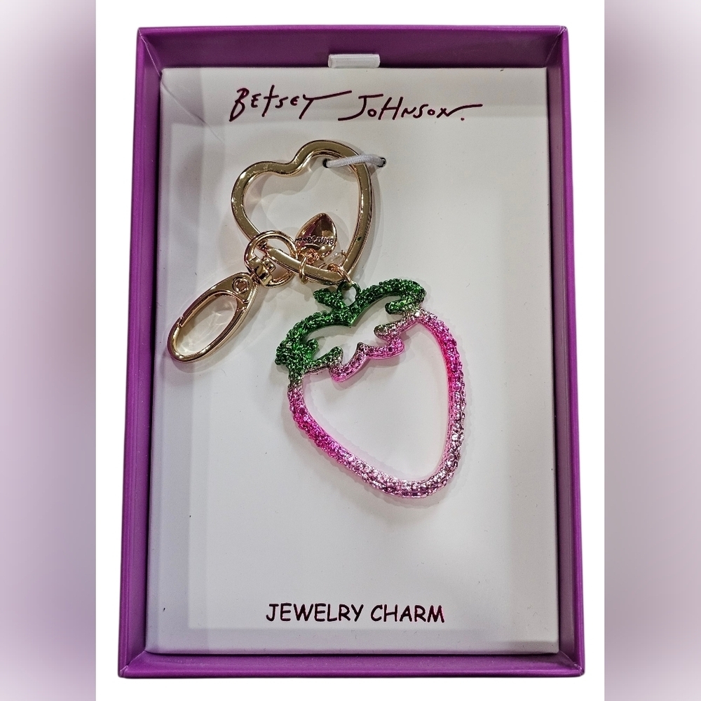 Betsey Johnson Pink & Green Glitter Strawberry Keychain Charm, New